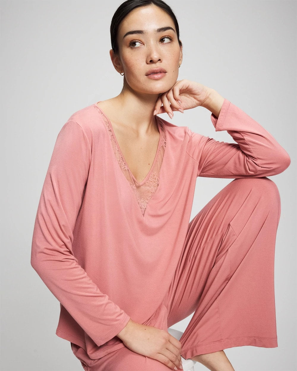 ANTIQUE PINK Lace Long Sleeve Pajama Top
