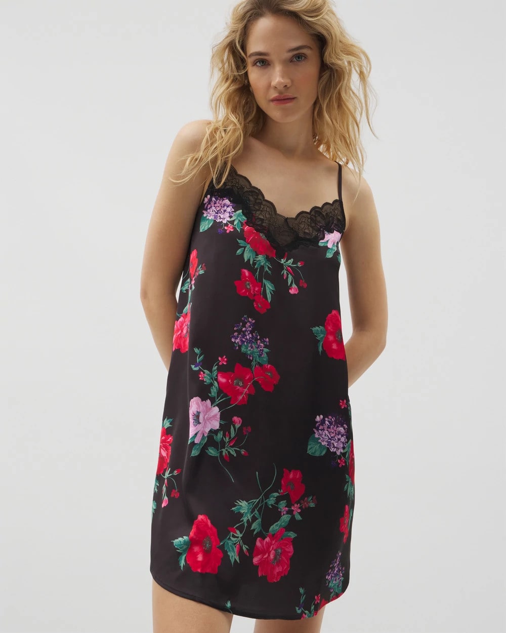 RHAPSODY FLORA BLACK Lace Trim Chemise