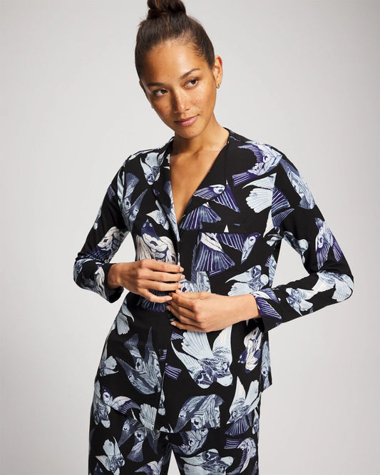 WHIMSICAL WINGS BLK MID Piped Long-Sleeve Notch Pajama Top