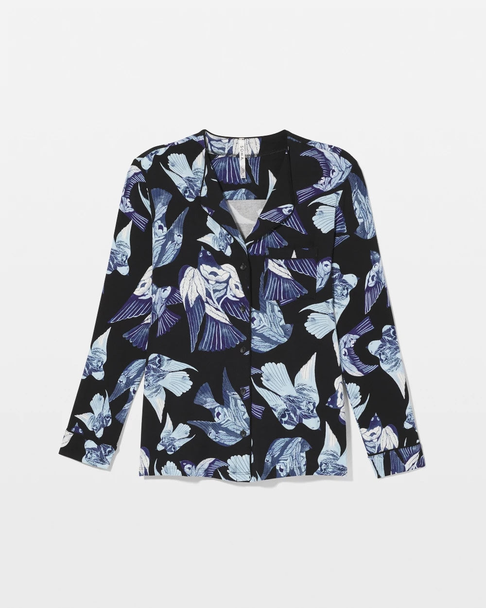 WHIMSICAL WINGS BLK MID Piped Long-Sleeve Notch Pajama Top