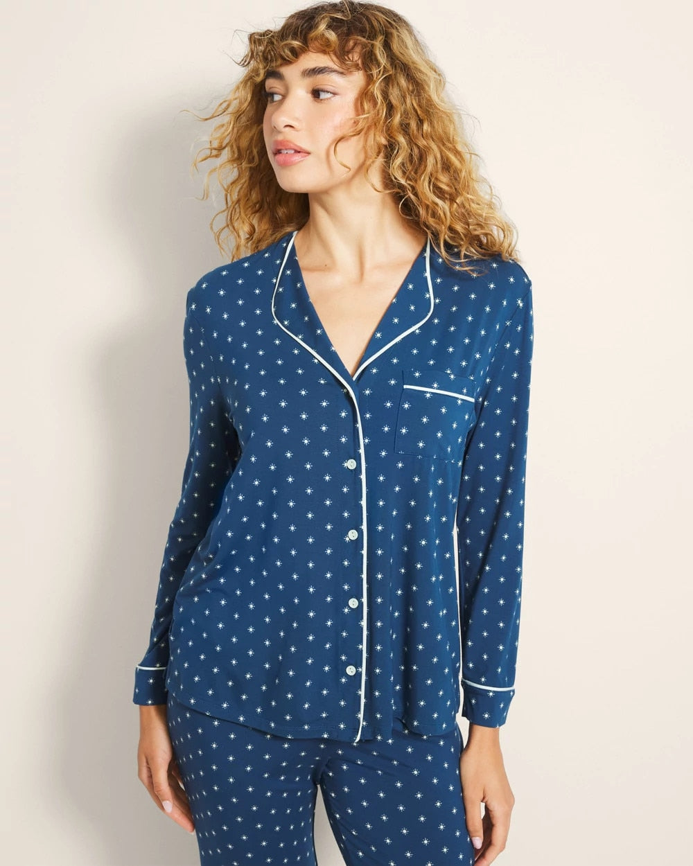 CELEBRATED DOT BLUE Piped Long-Sleeve Notch Pajama Top