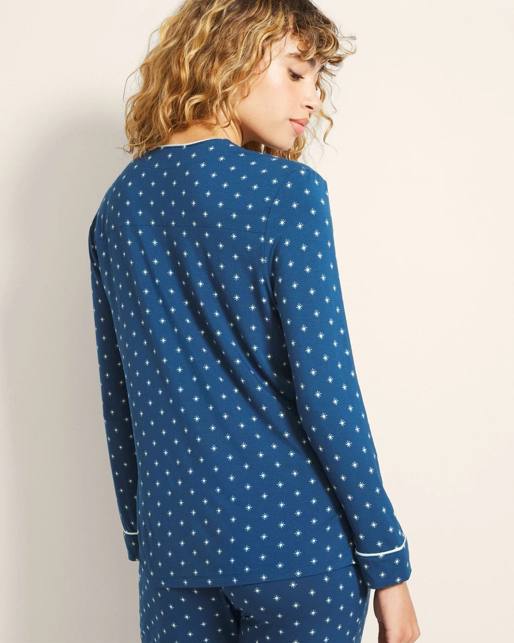 CELEBRATED DOT BLUE Piped Long-Sleeve Notch Pajama Top