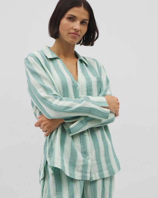 TEAL STRIPE Cotton Gauze Long Sleeve Notch Collar Pajama Top