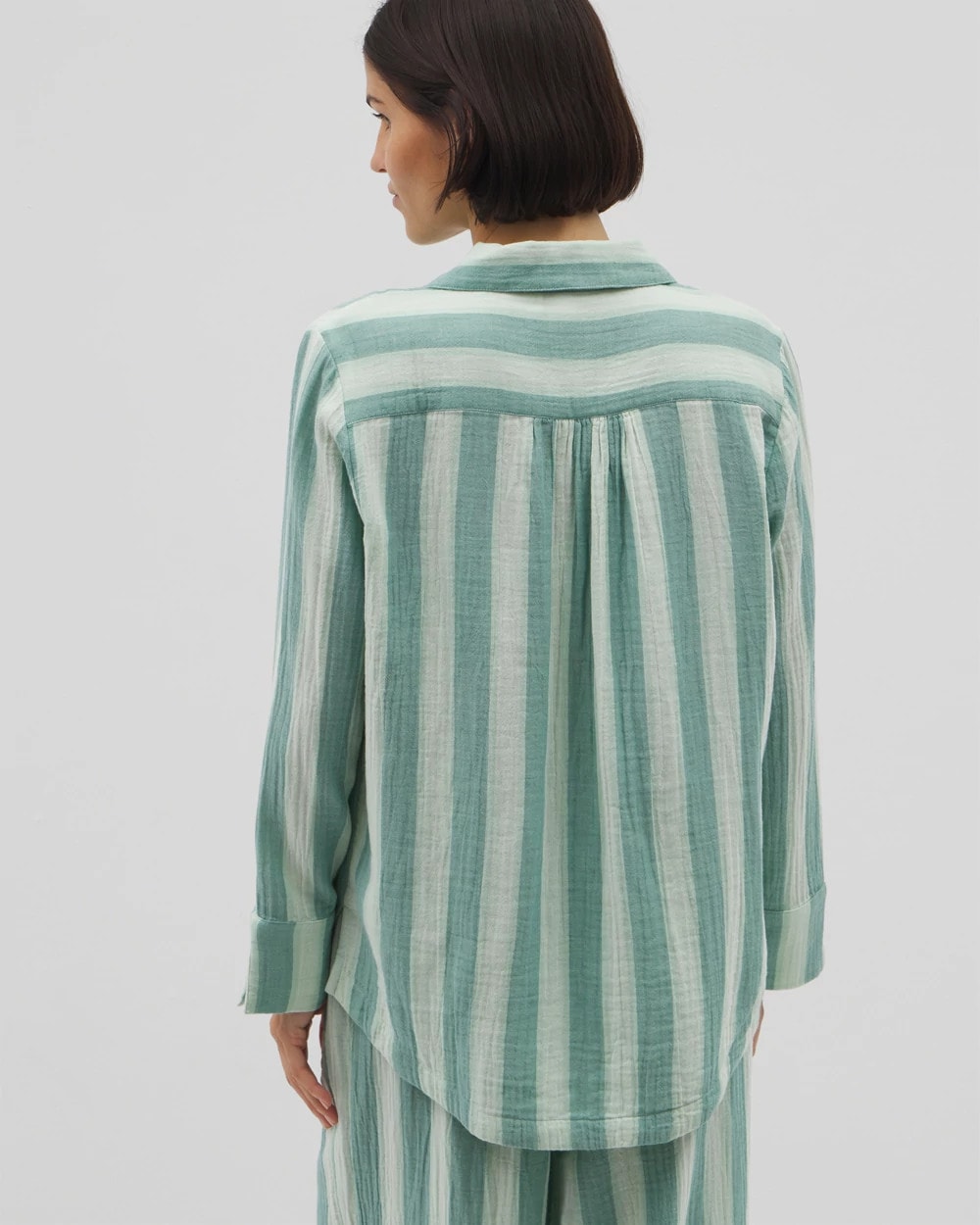 TEAL STRIPE Cotton Gauze Long Sleeve Notch Collar Pajama Top