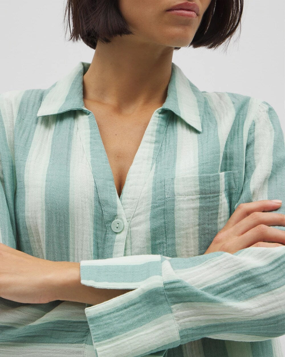 TEAL STRIPE Cotton Gauze Long Sleeve Notch Collar Pajama Top