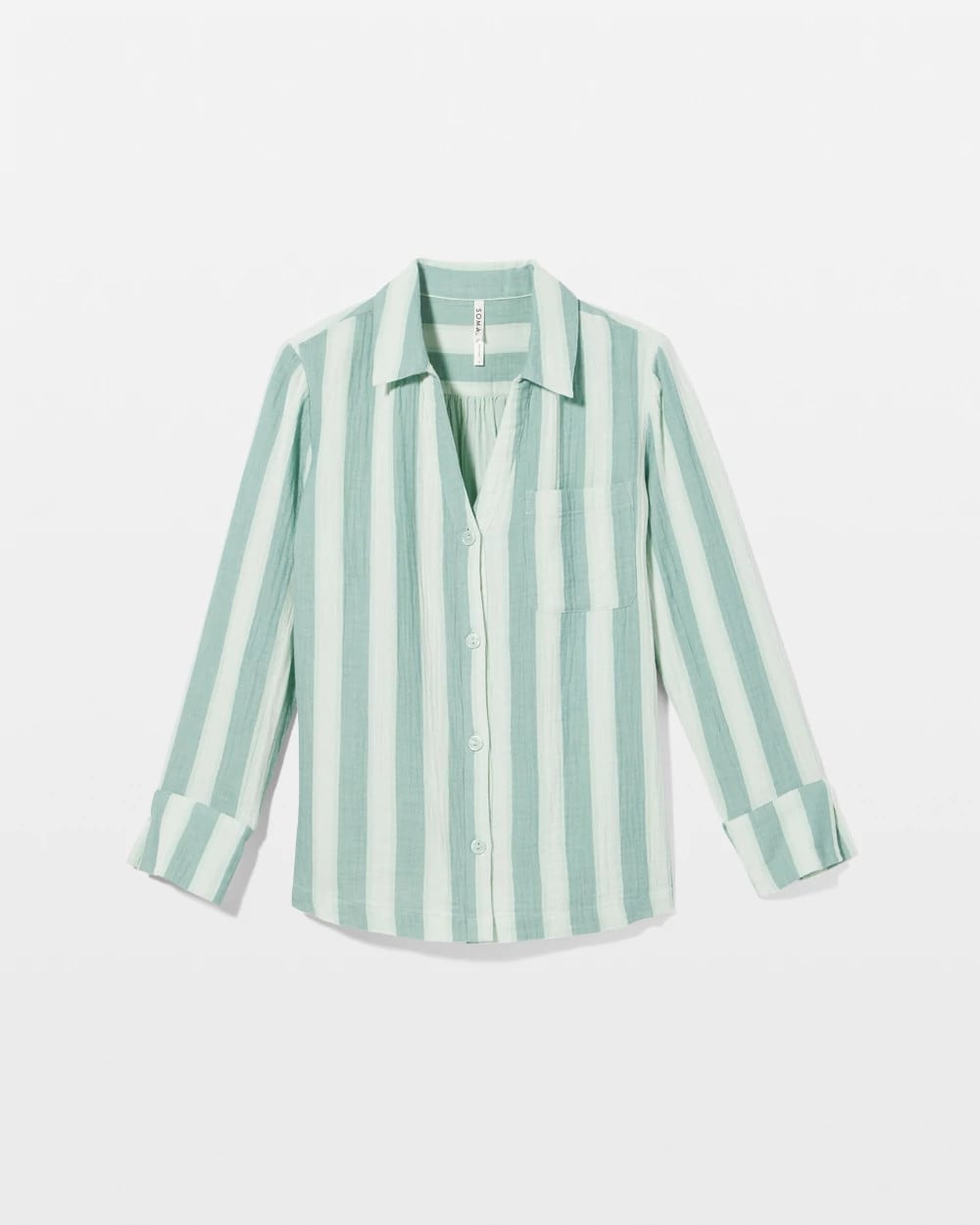 TEAL STRIPE Cotton Gauze Long Sleeve Notch Collar Pajama Top