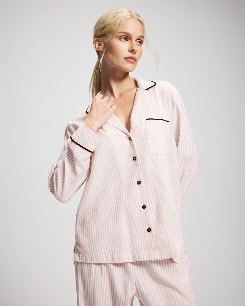 STOCKING STRIPE VERT PINK Long-Sleeve Notch Collar Pajama Top