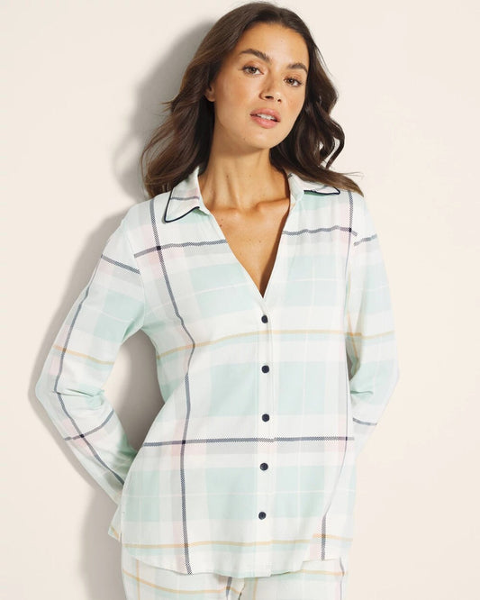 SNUGGLE UP PLAID GREEN Long-Sleeve Notch Collar Pajama Top
