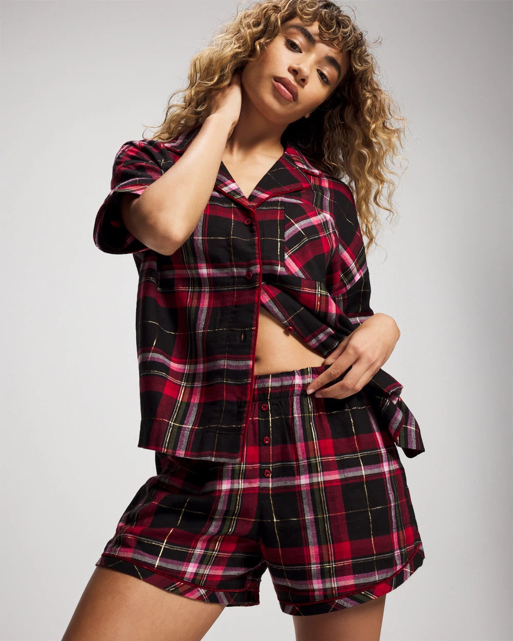 MAD FOR PLAID BLACK Velvet Piped Boxer Pajama Short