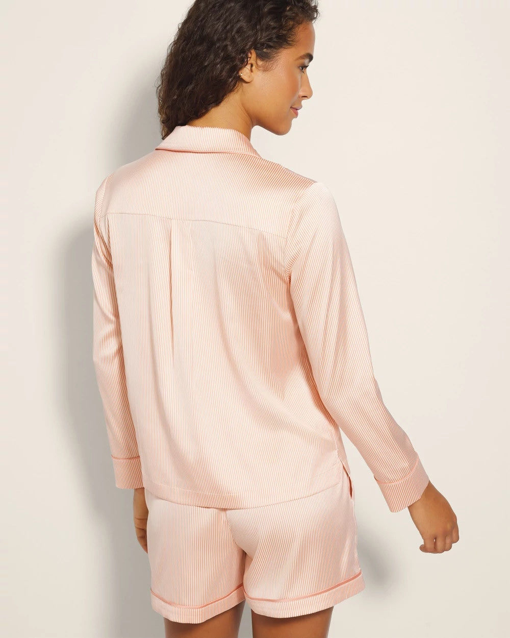 PIN STRIPE VERTICAL PEACH Long-Sleeve Notch Collar Pajama Top
