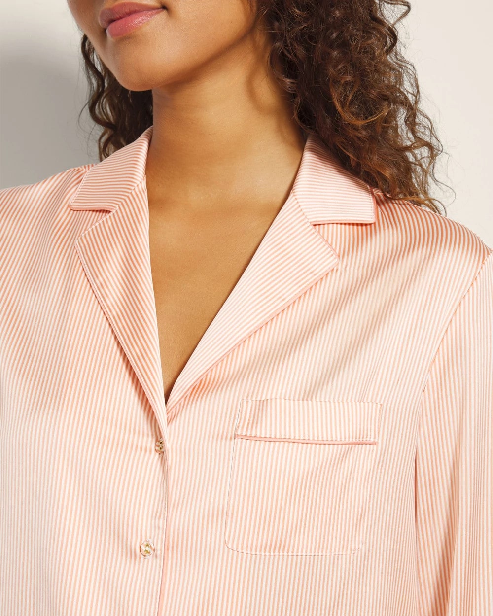 PIN STRIPE VERTICAL PEACH Long-Sleeve Notch Collar Pajama Top