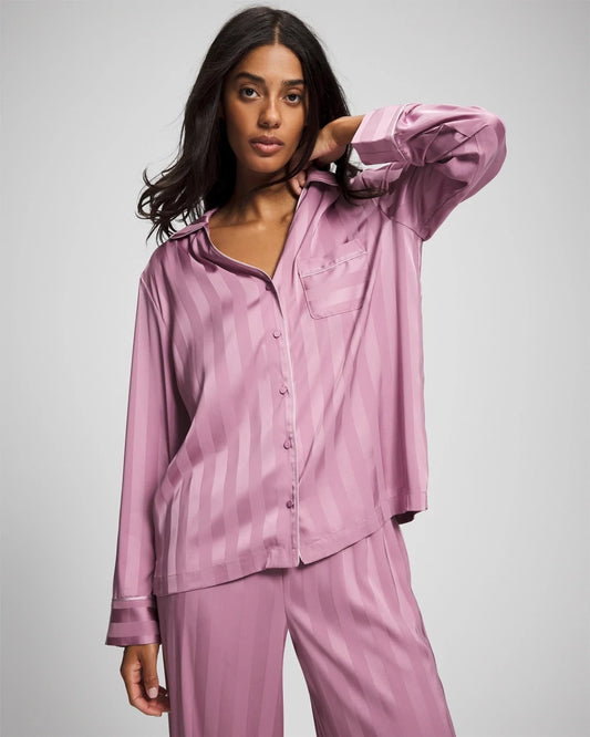 LILAC WINE Shadow Stripe Long Sleeve Pajama Notch Collar Top