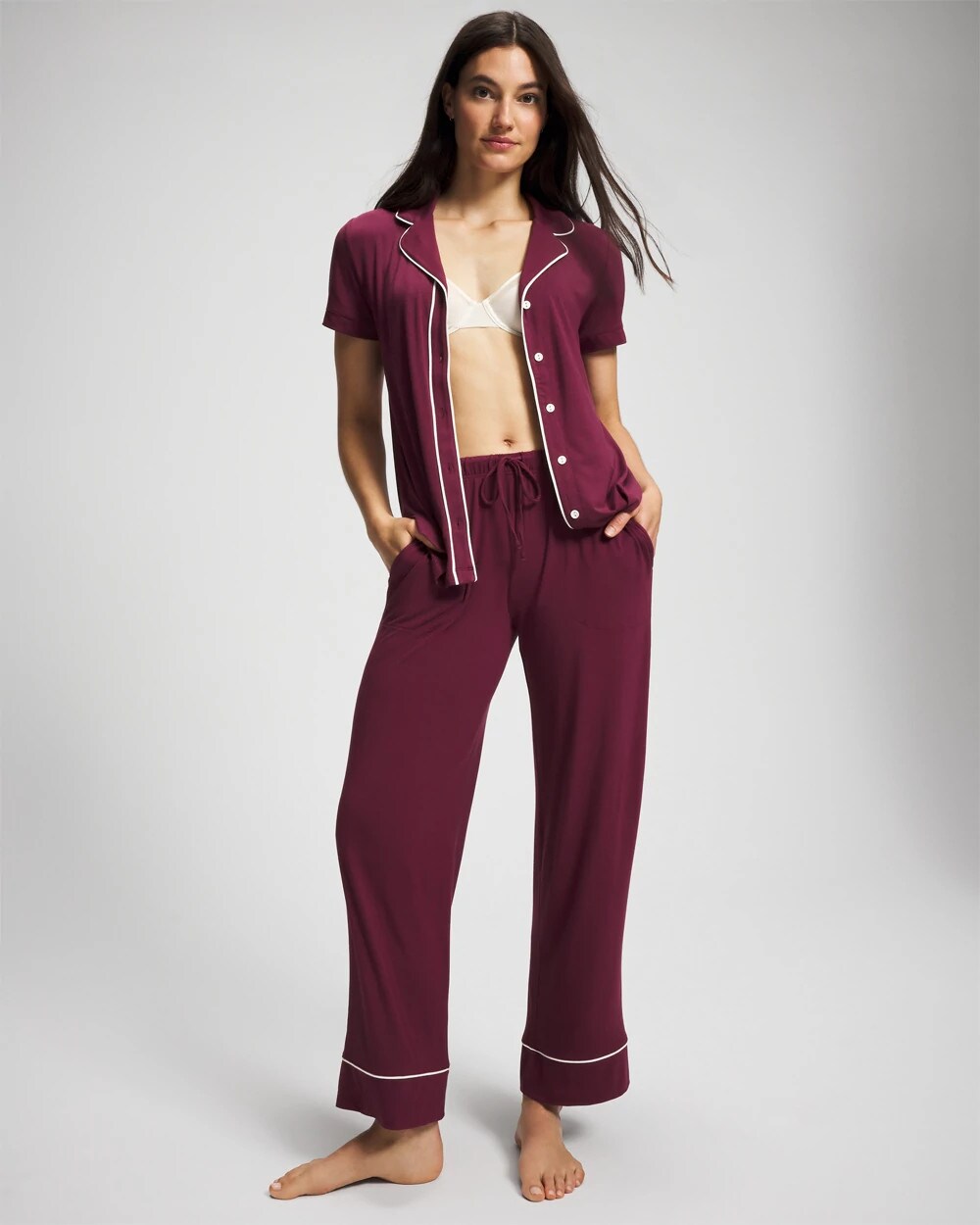 VELVET PLUM Solid Short Sleeve Notch Collar Pajama Top