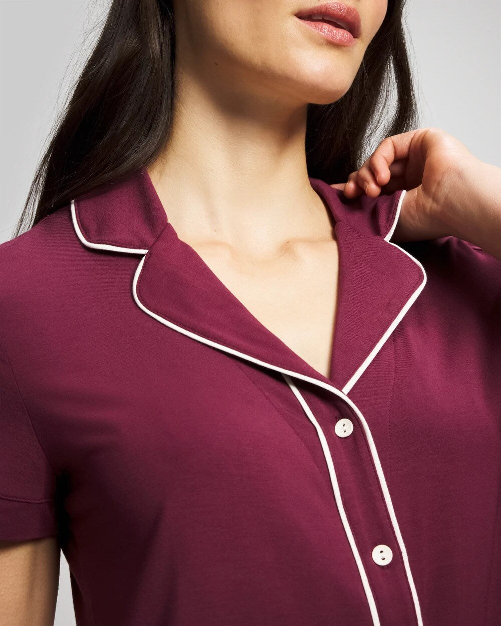 VELVET PLUM Solid Short Sleeve Notch Collar Pajama Top