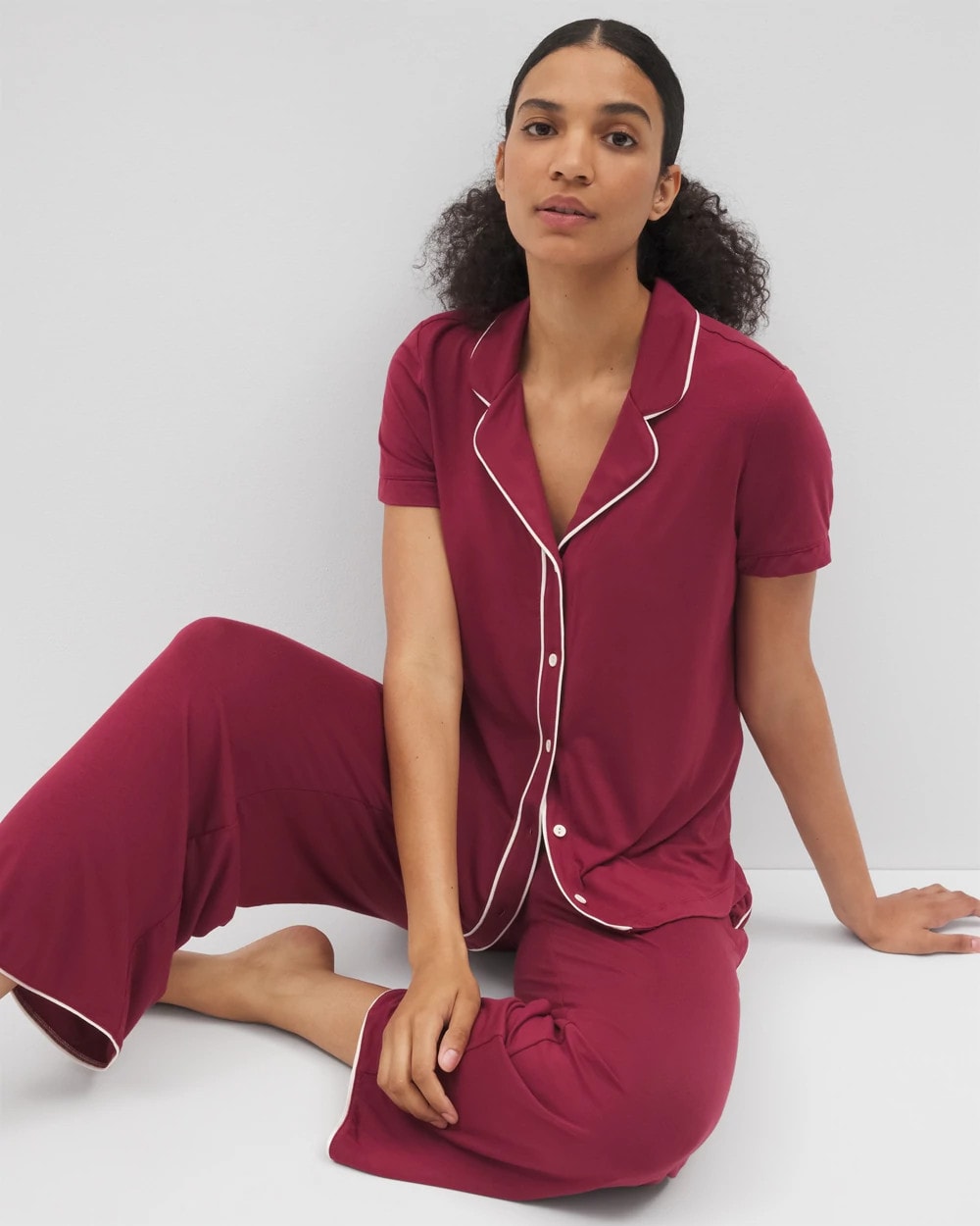 GARNET Solid Short Sleeve Notch Collar Pajama Top