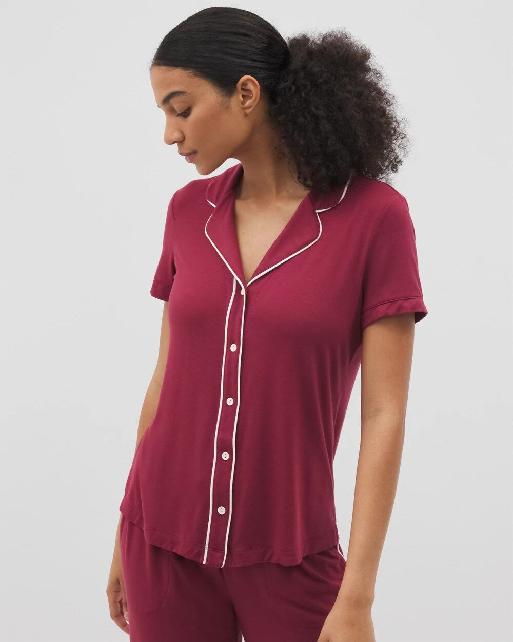 GARNET Solid Short Sleeve Notch Collar Pajama Top