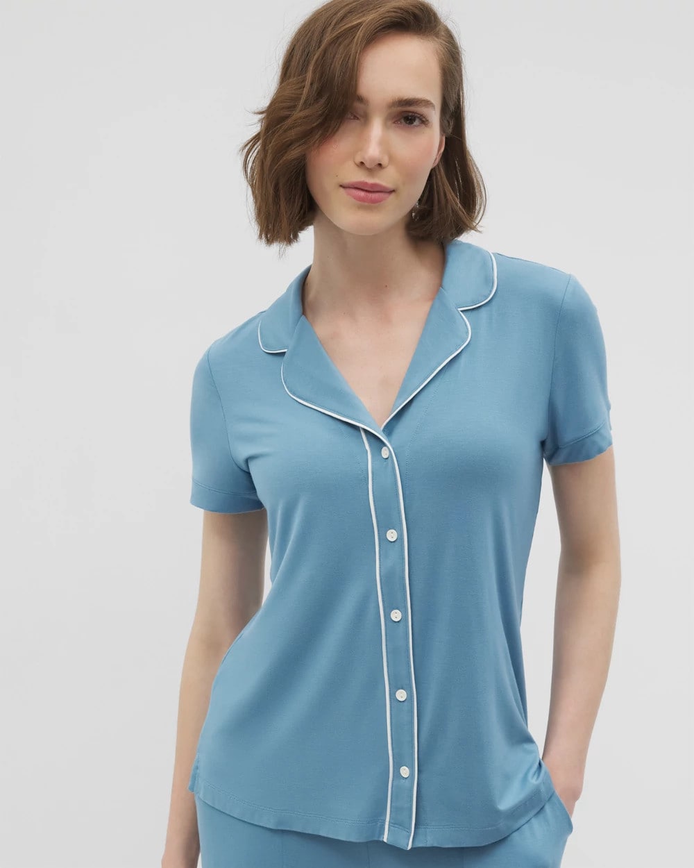 BLUE HEAVEN Solid Short Sleeve Notch Collar Pajama Top