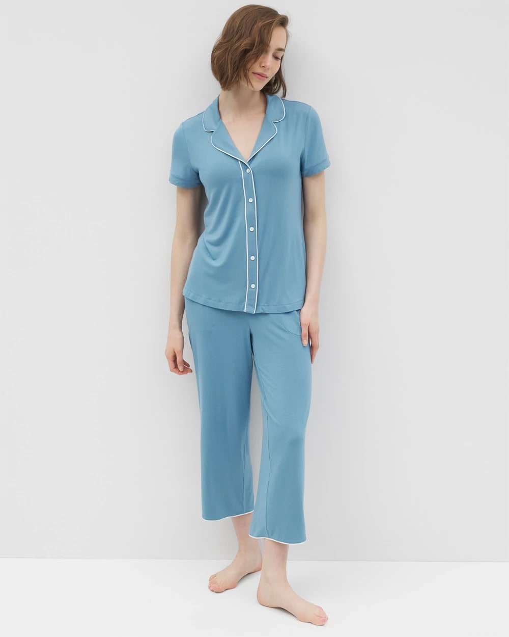 BLUE HEAVEN Solid Short Sleeve Notch Collar Pajama Top