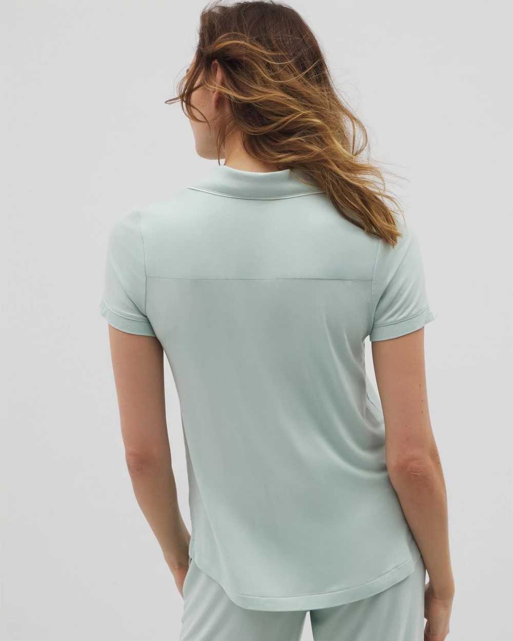 HARBOR GREEN Solid Short Sleeve Notch Collar Pajama Top
