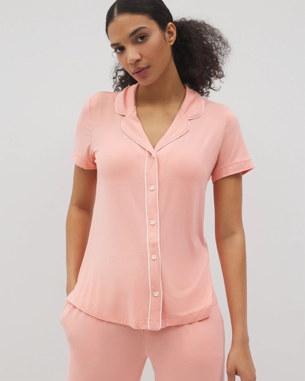 PALOMA GLOW Solid Short Sleeve Notch Collar Pajama Top