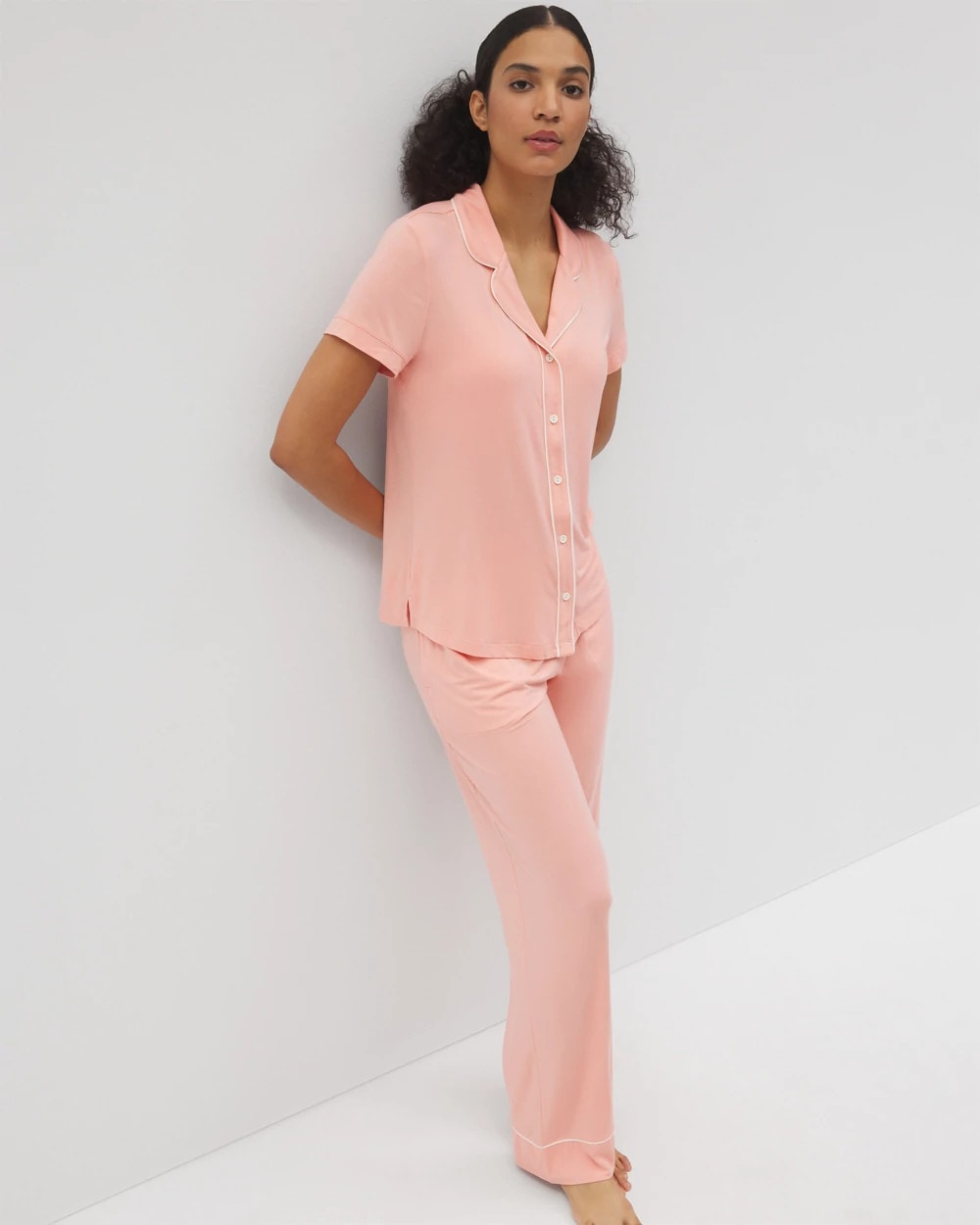 PALOMA GLOW Solid Short Sleeve Notch Collar Pajama Top