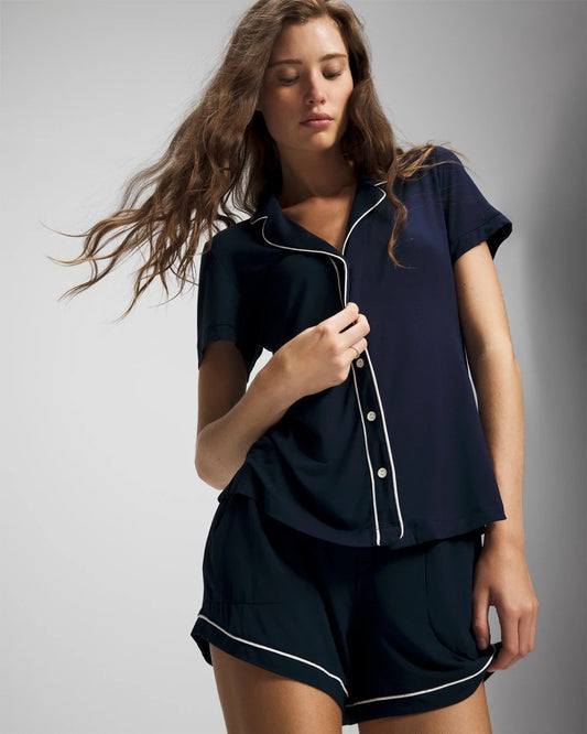 NIGHTFALL NAVY Solid Short Sleeve Notch Collar Pajama Top