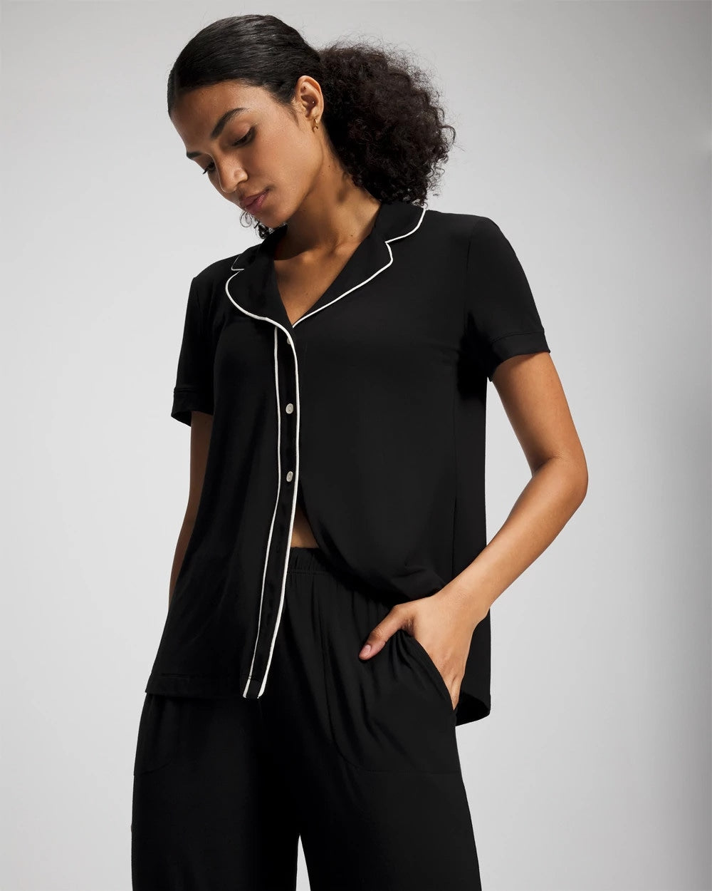 BLACK Solid Short Sleeve Notch Collar Pajama Top