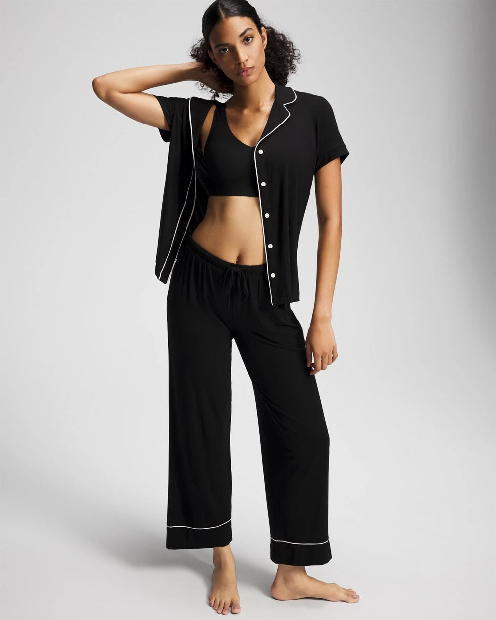 BLACK Solid Short Sleeve Notch Collar Pajama Top
