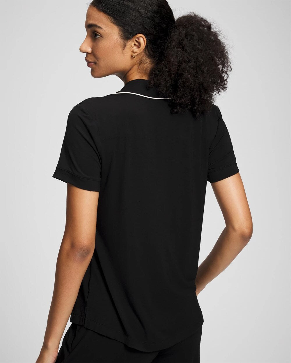 BLACK Solid Short Sleeve Notch Collar Pajama Top