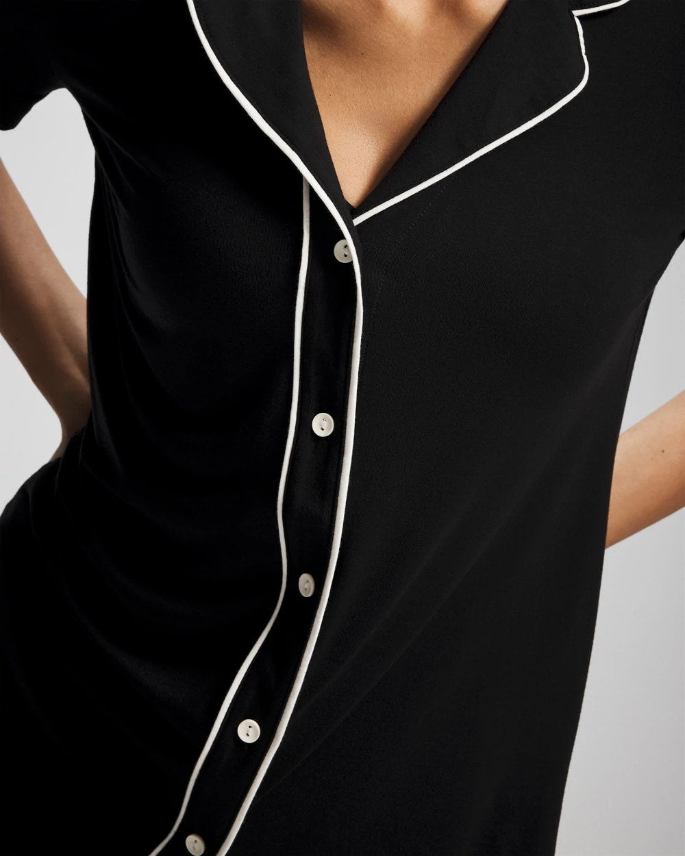 BLACK Solid Short Sleeve Notch Collar Pajama Top