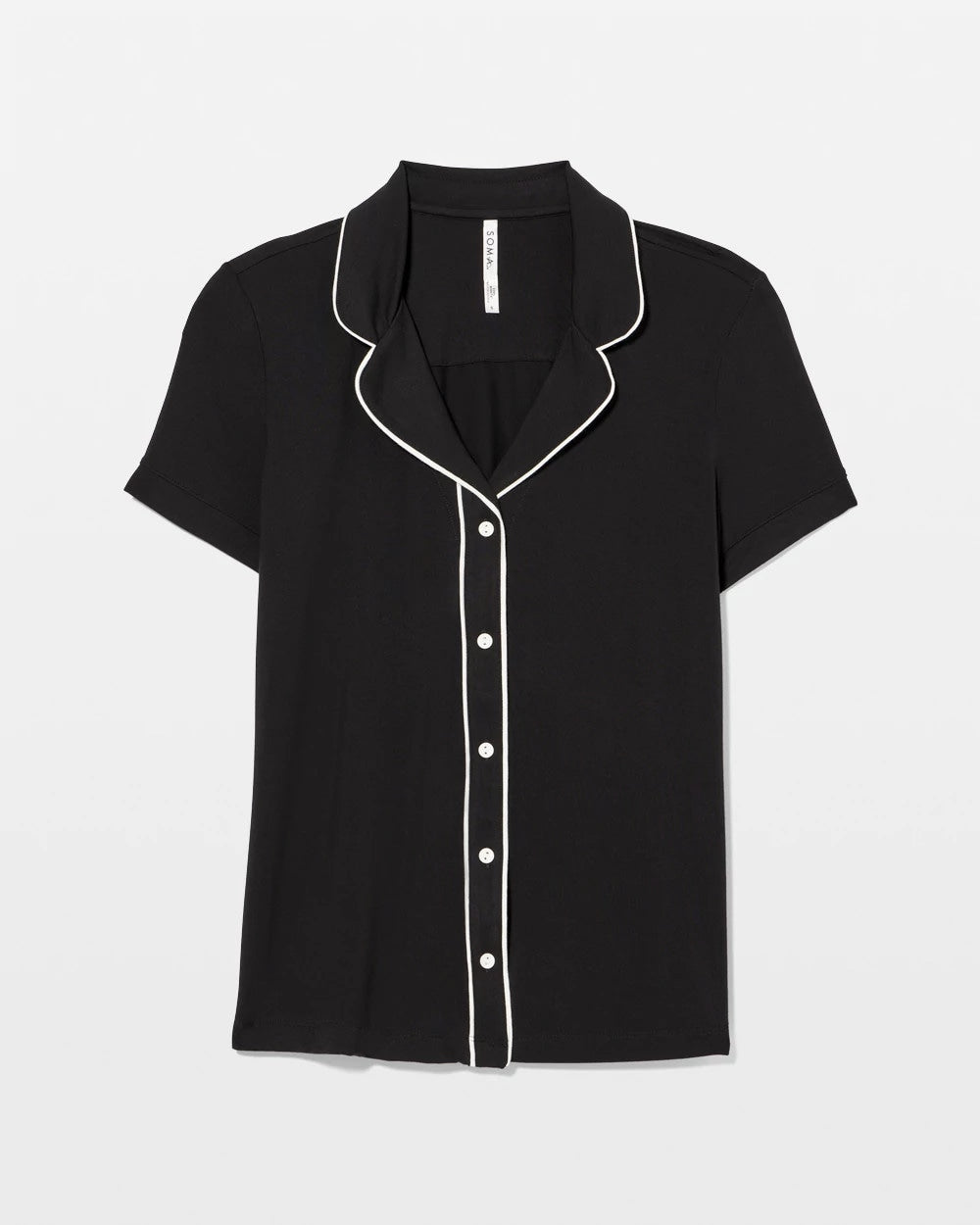 BLACK Solid Short Sleeve Notch Collar Pajama Top
