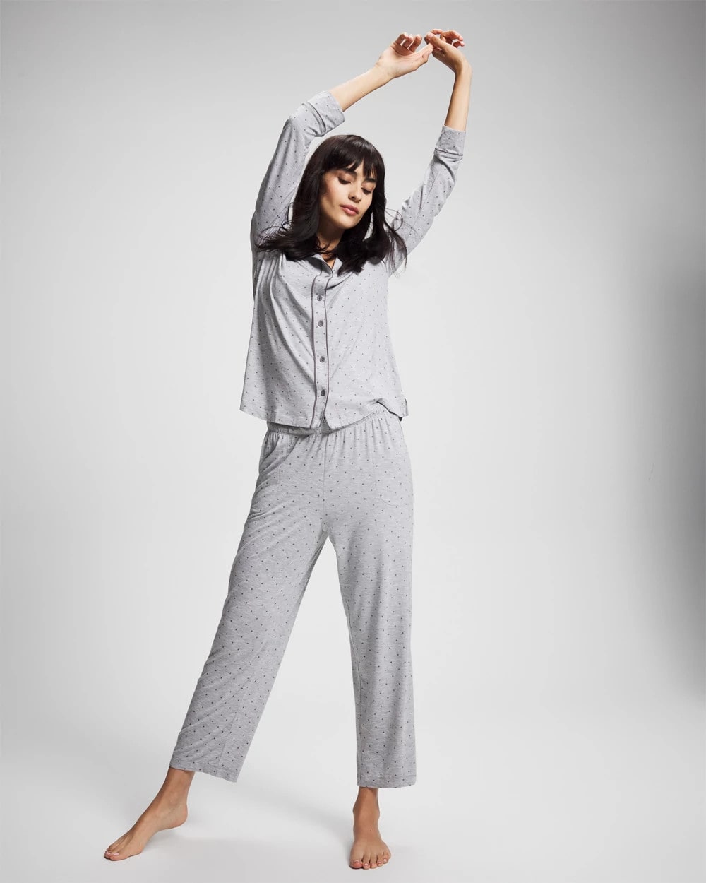 PEACEFUL DOT HEATHER Long-Sleeve Printed Notch Collar Pajama Top