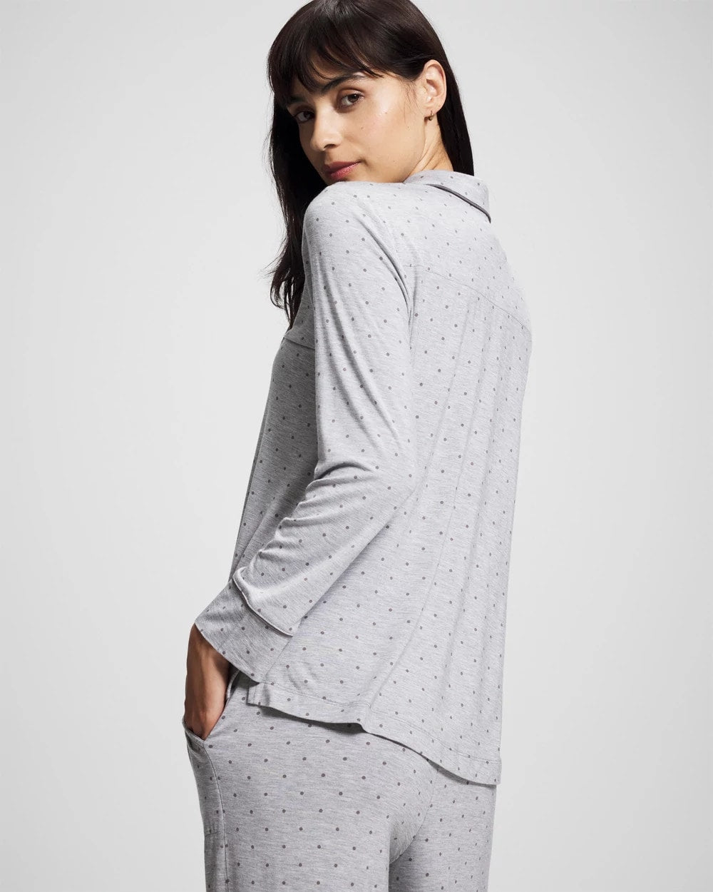 PEACEFUL DOT HEATHER Long-Sleeve Printed Notch Collar Pajama Top