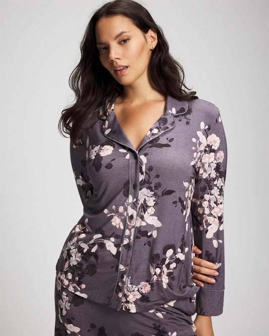 FLORAL DREAMS GRAY Long-Sleeve Printed Notch Collar Pajama Top