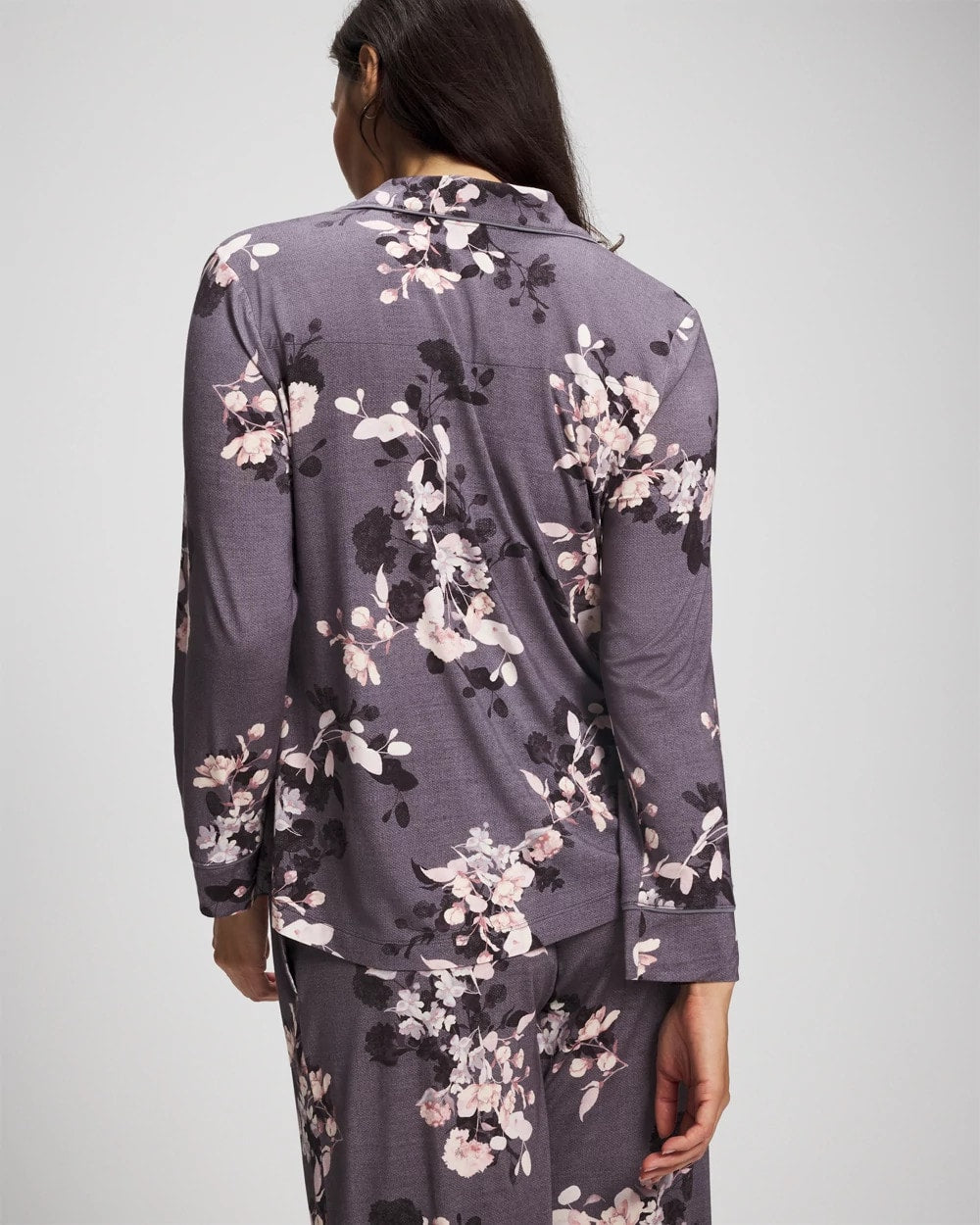 FLORAL DREAMS GRAY Long-Sleeve Printed Notch Collar Pajama Top