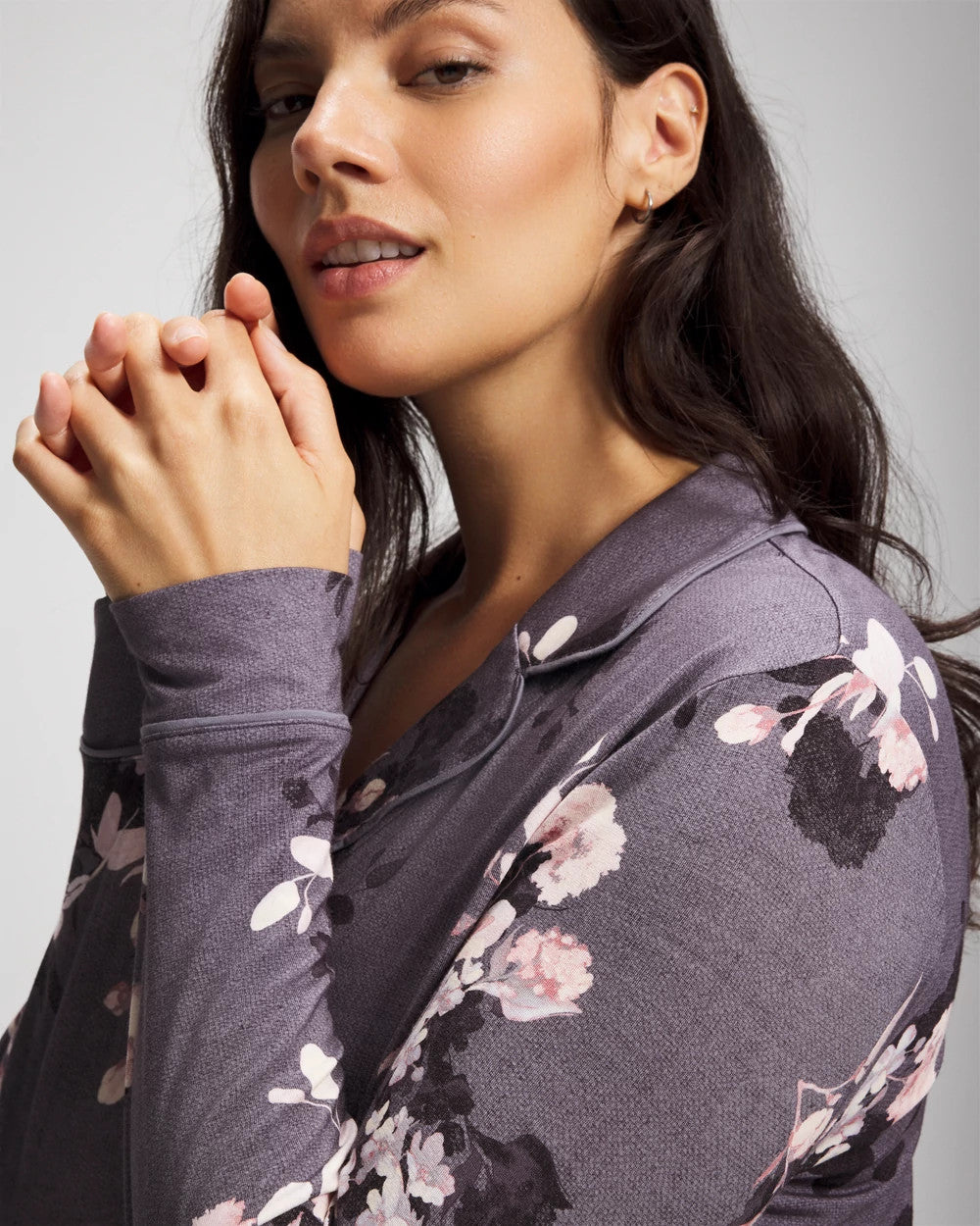 FLORAL DREAMS GRAY Long-Sleeve Printed Notch Collar Pajama Top