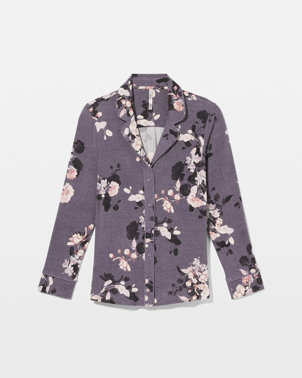 FLORAL DREAMS GRAY Long-Sleeve Printed Notch Collar Pajama Top