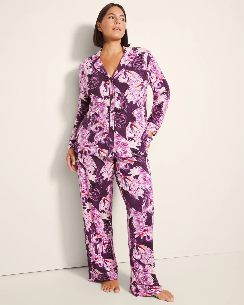 COURTING CRANES BLKBRY Long-Sleeve Printed Notch Collar Pajama Top