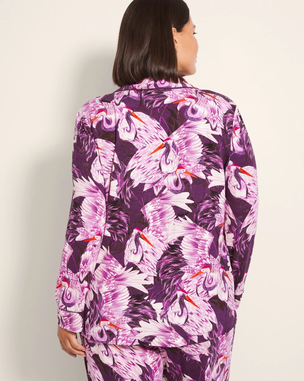 COURTING CRANES BLKBRY Long-Sleeve Printed Notch Collar Pajama Top