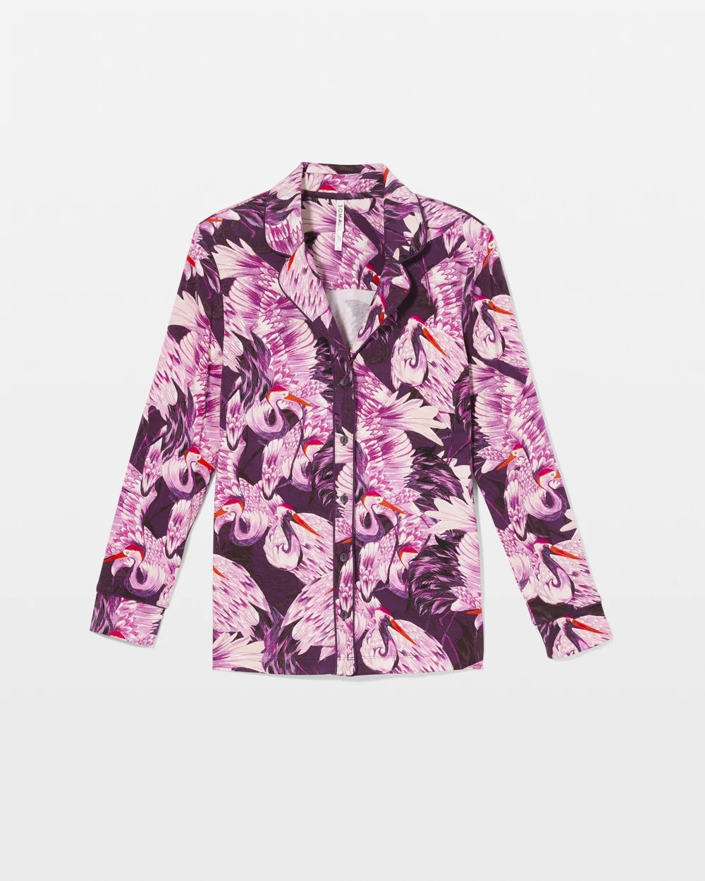 COURTING CRANES BLKBRY Long-Sleeve Printed Notch Collar Pajama Top