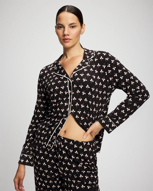 PEACEFUL PETALS BLACK Long-Sleeve Printed Notch Collar Pajama Top