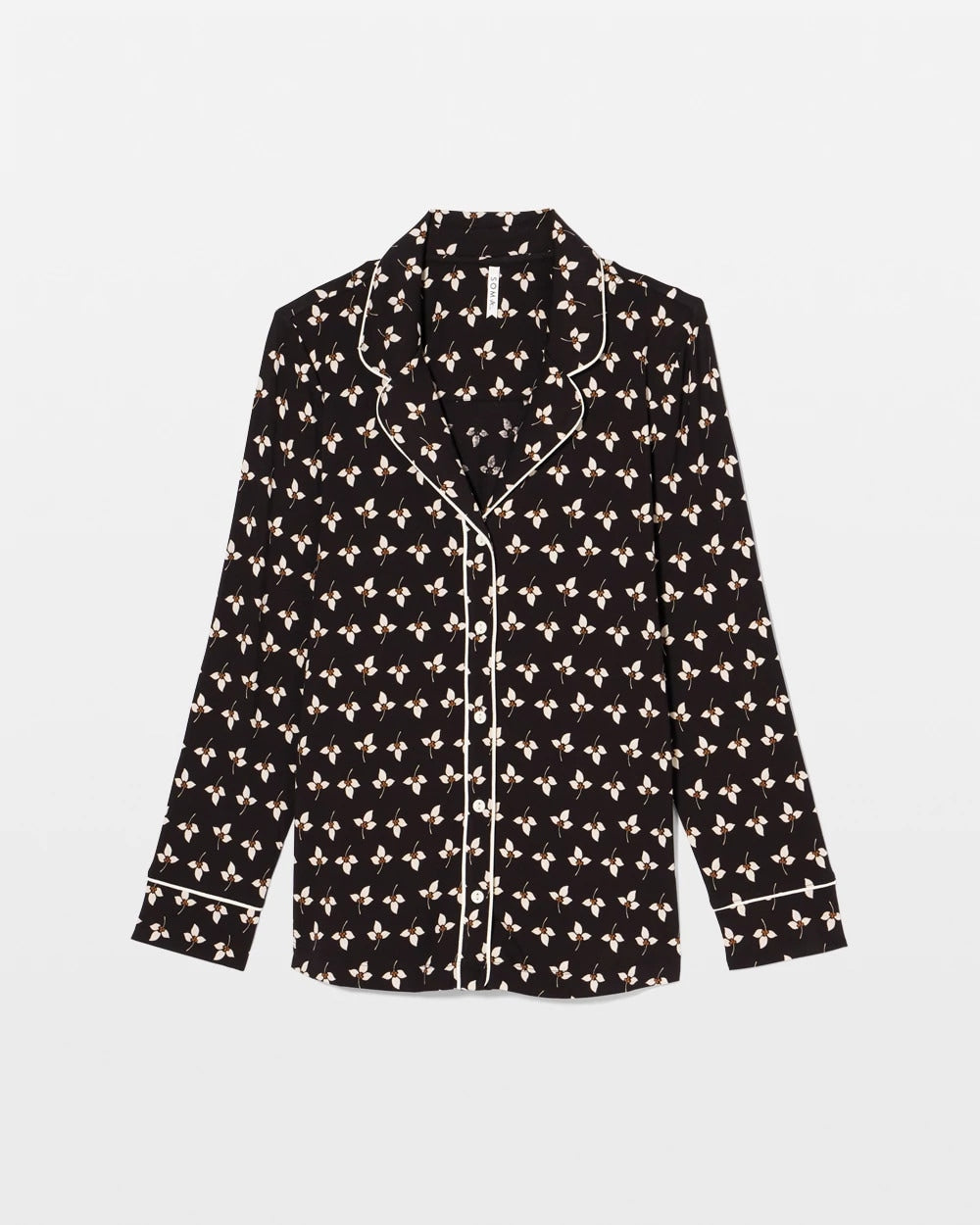 PEACEFUL PETALS BLACK Long-Sleeve Printed Notch Collar Pajama Top