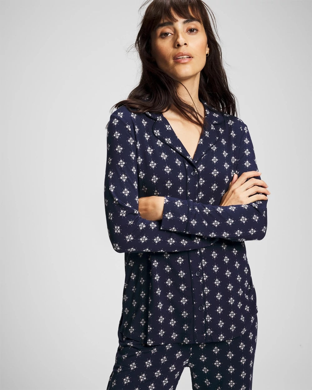 BELLE FOULARD NAVY Long-Sleeve Printed Notch Collar Pajama Top