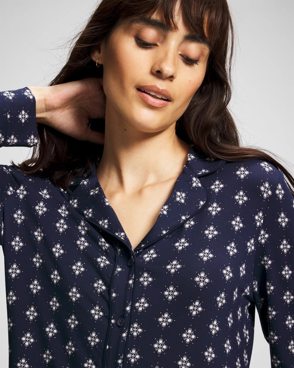 BELLE FOULARD NAVY Long-Sleeve Printed Notch Collar Pajama Top