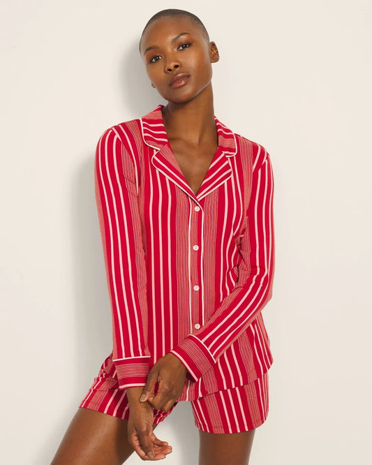 ASPEN STRIPE RED Long-Sleeve Printed Notch Collar Pajama Top