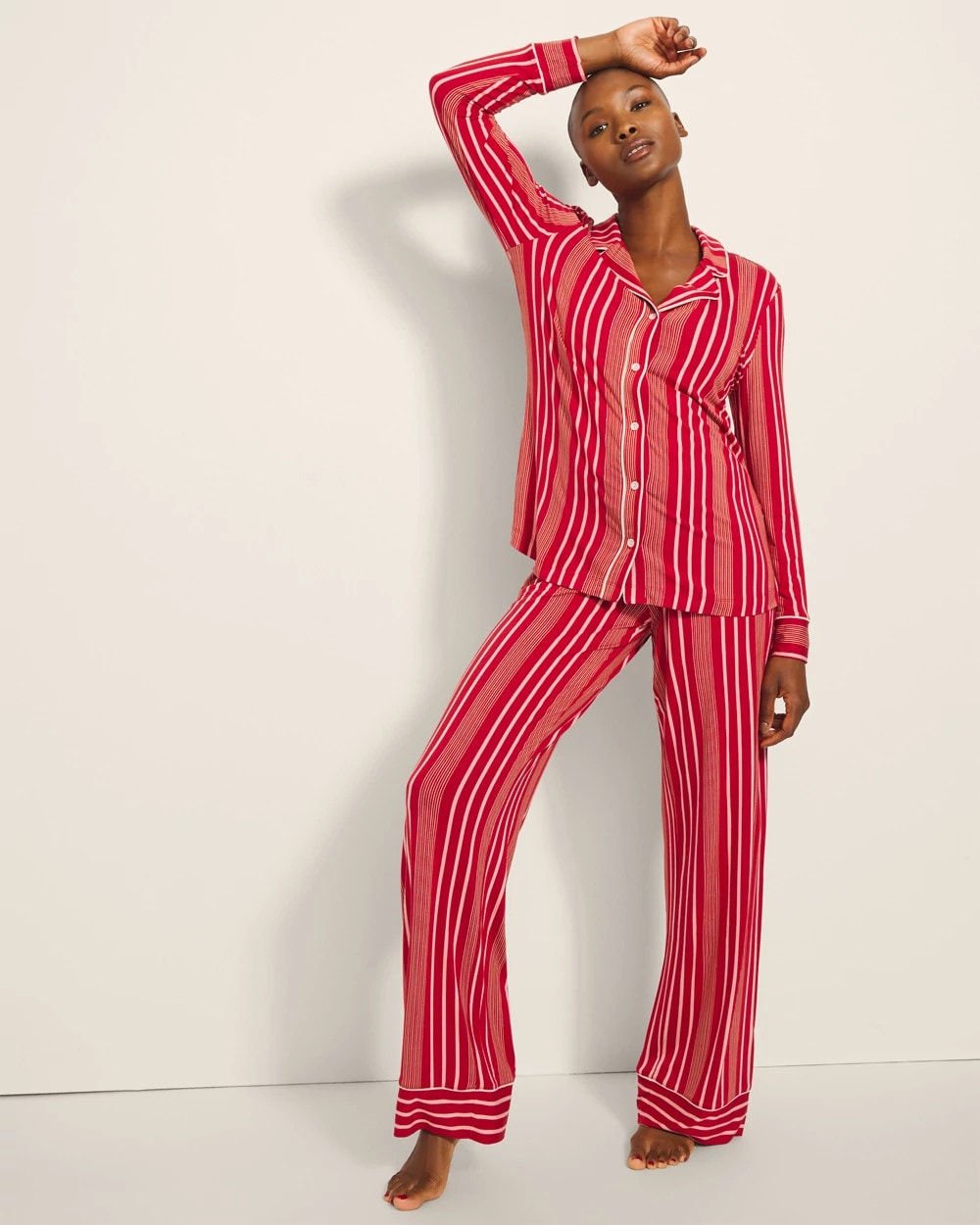 ASPEN STRIPE RED Long-Sleeve Printed Notch Collar Pajama Top