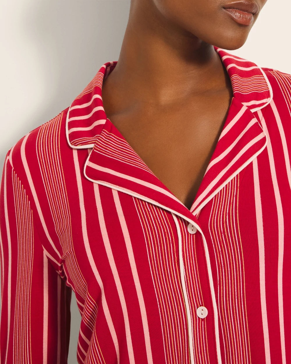 ASPEN STRIPE RED Long-Sleeve Printed Notch Collar Pajama Top