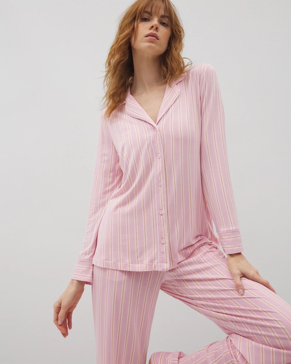 BLISS STRIPE LAVENDER Long-Sleeve Printed Notch Collar Pajama Top