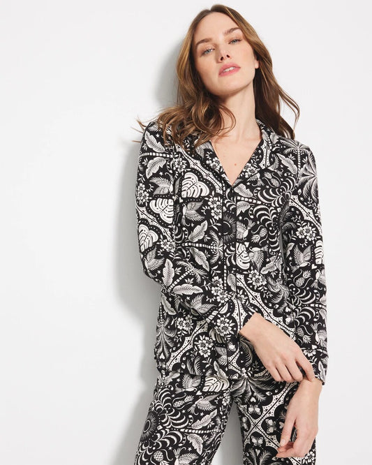 AMAZONIA TILE BLACK Long-Sleeve Printed Notch Collar Pajama Top