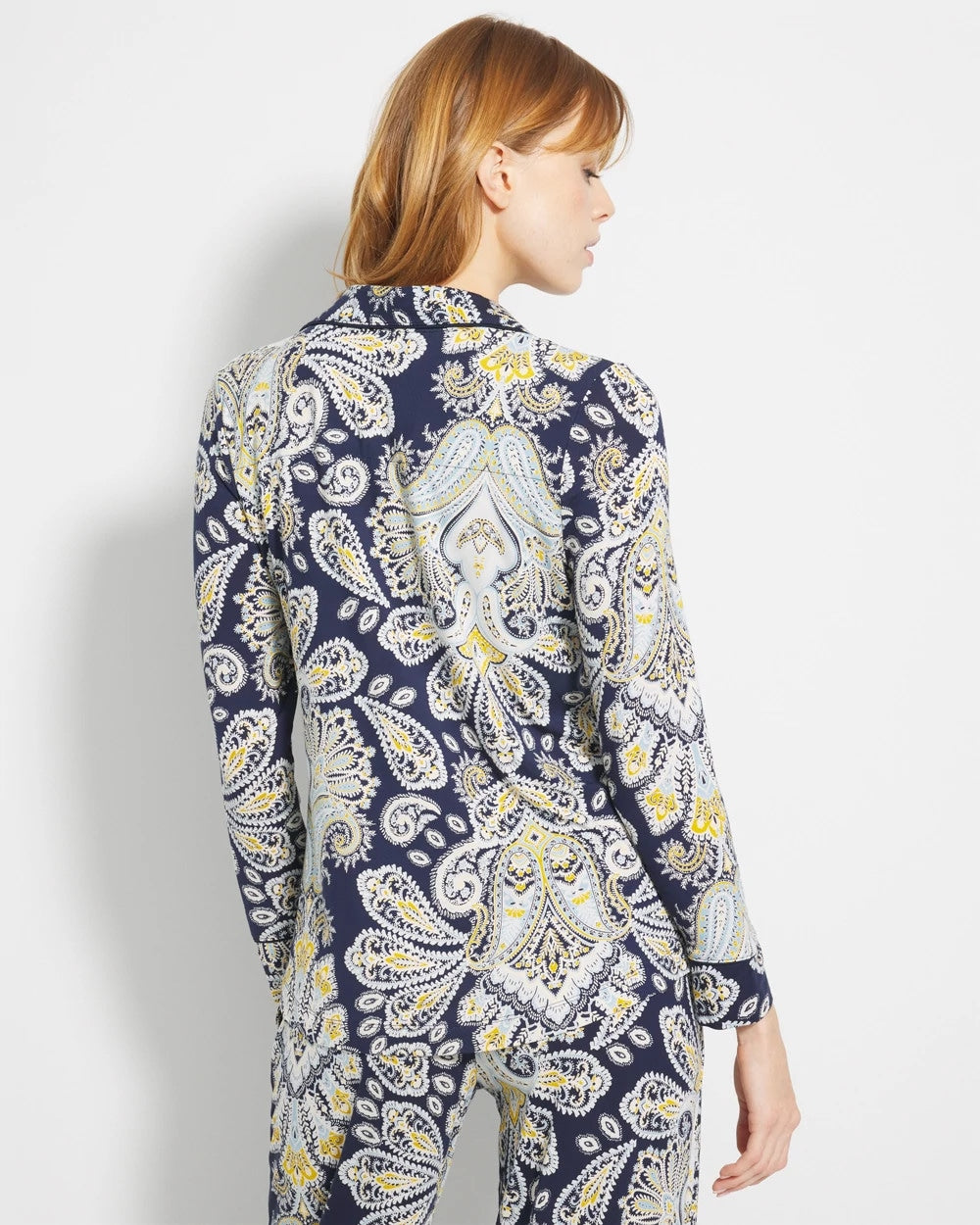 STYLISH PAISLEY NAVY Long-Sleeve Printed Notch Collar Pajama Top